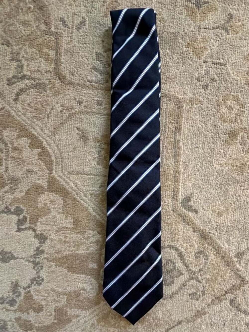 Armani Collezioni Navy Blue and White Striped Silk Polyester Blend Necktie
